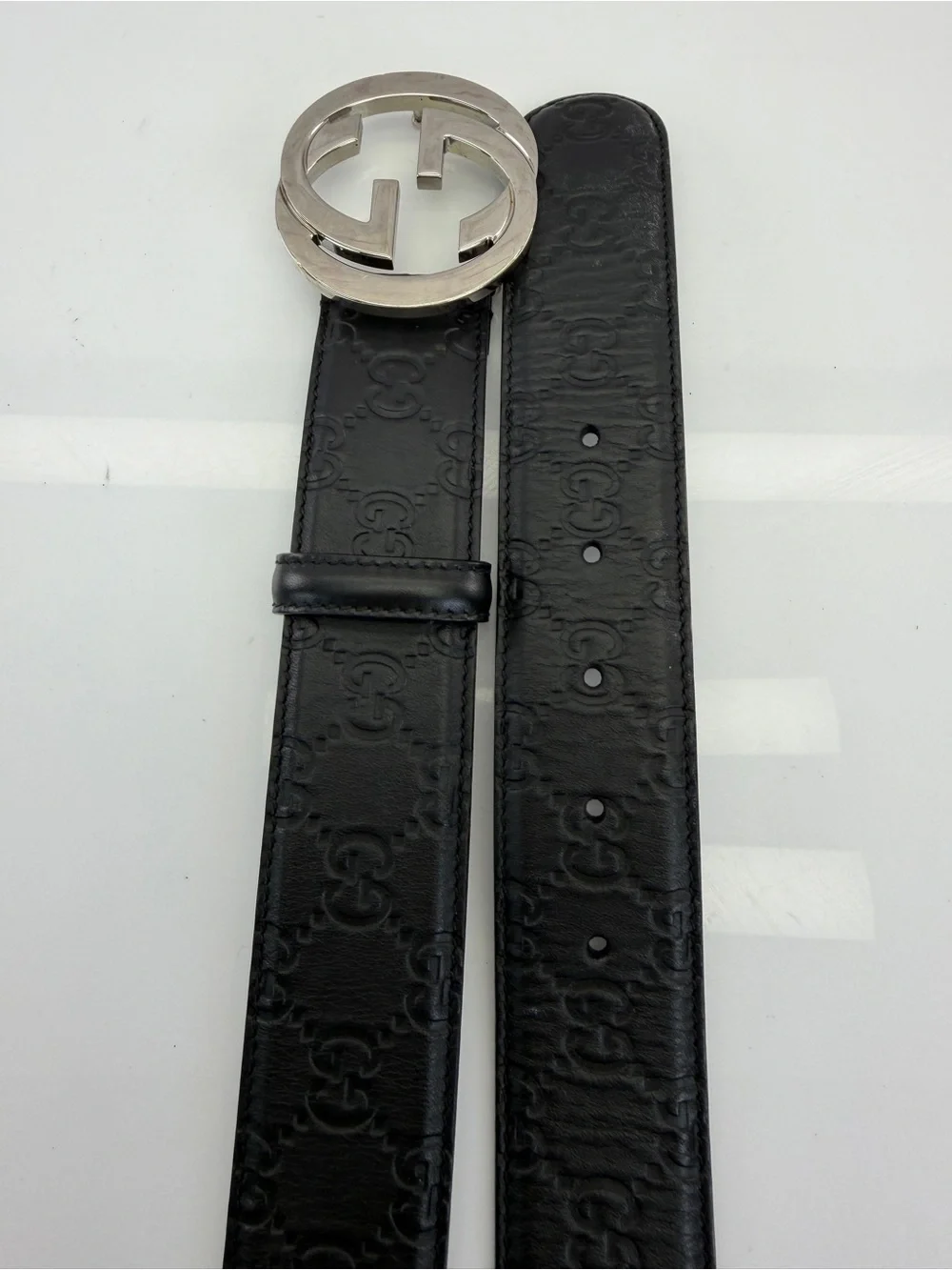 Authentic Gucci Guccissima Black Mens Leather Belt Gg Interlocking 90/36 411924